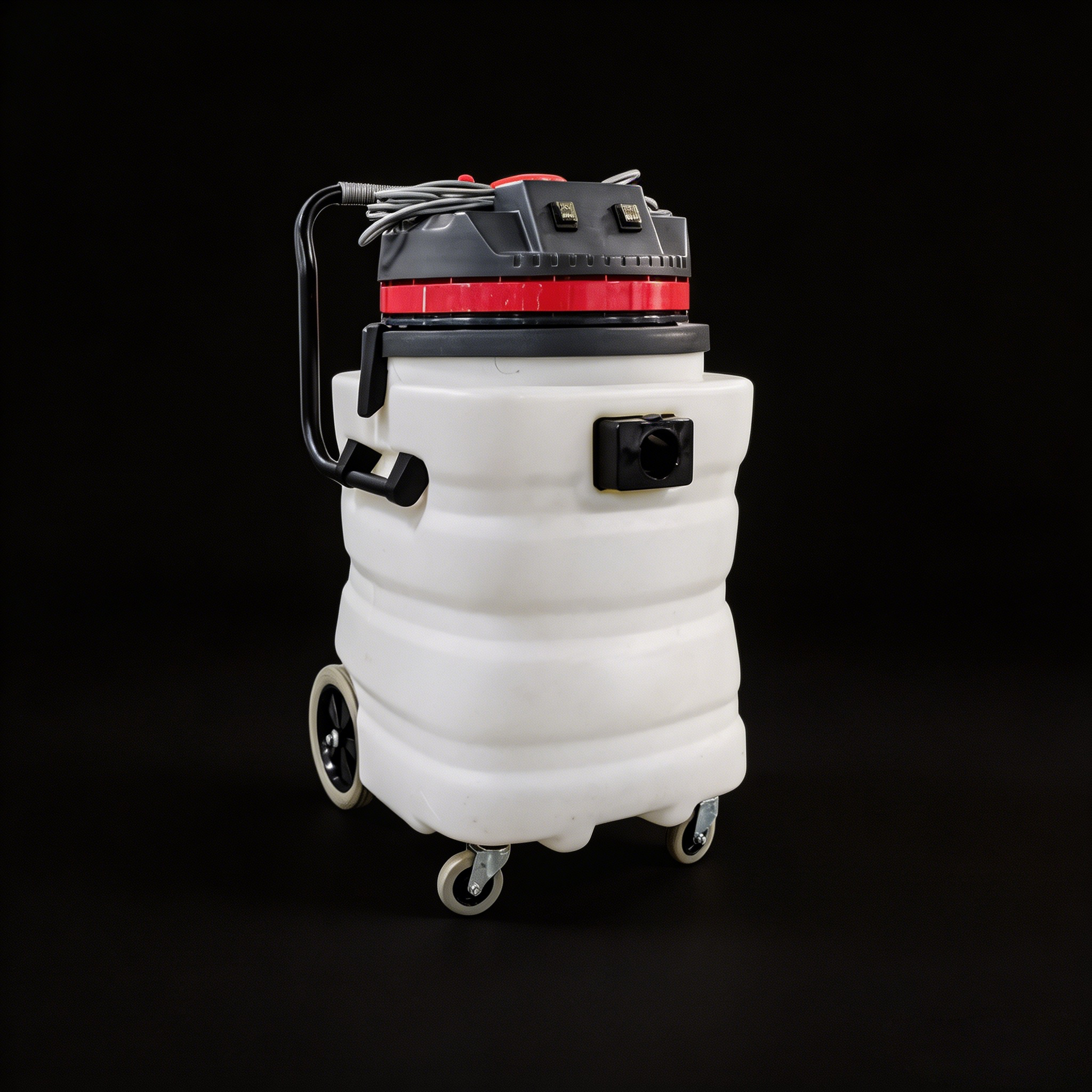 Orbit 90 commercial vacuum cleaner white plastic tank and black motor head, front-side view