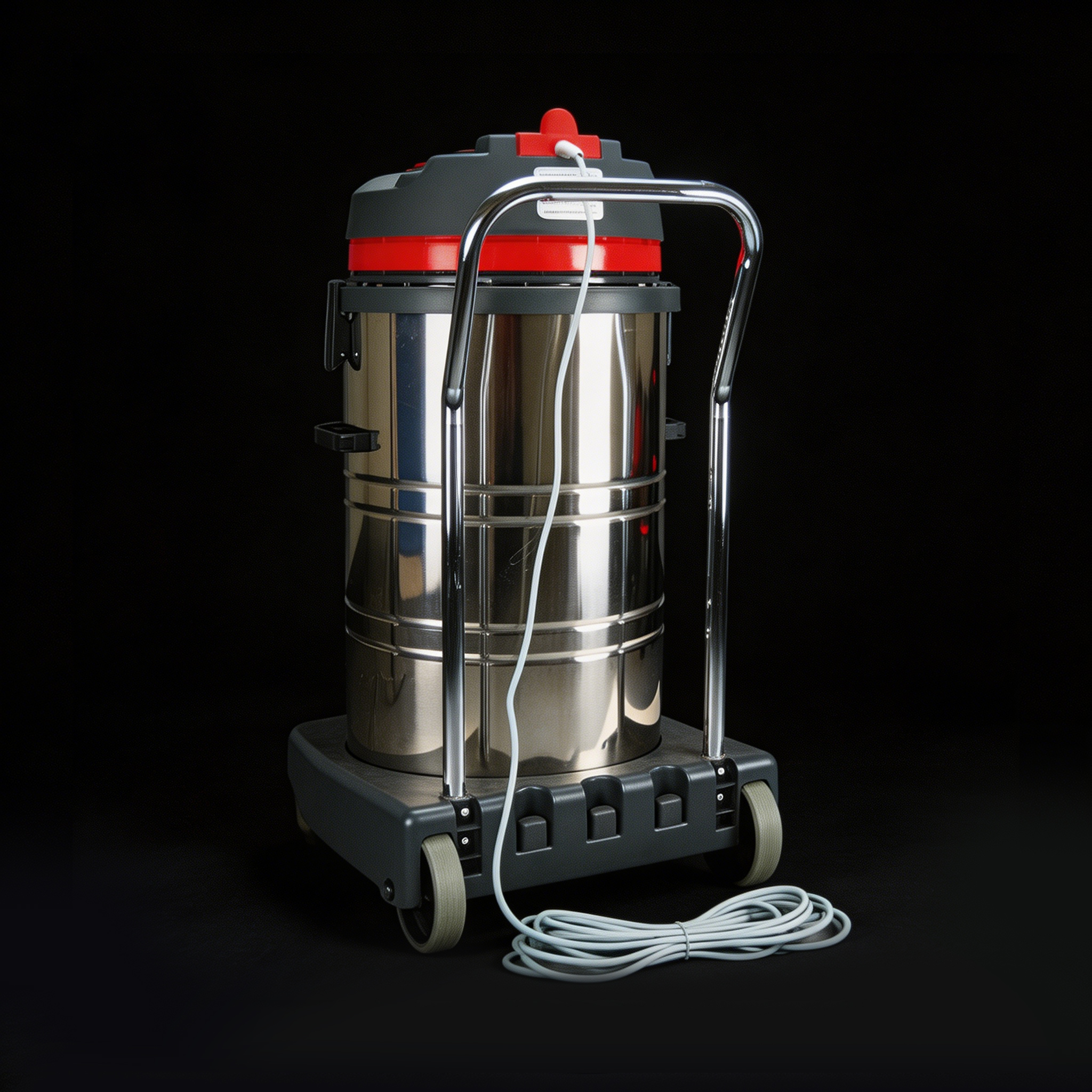 Orbit 80 Commercial Wet and Dry Vacuum Cleaner rear view with stainless steel tank and power cord storage