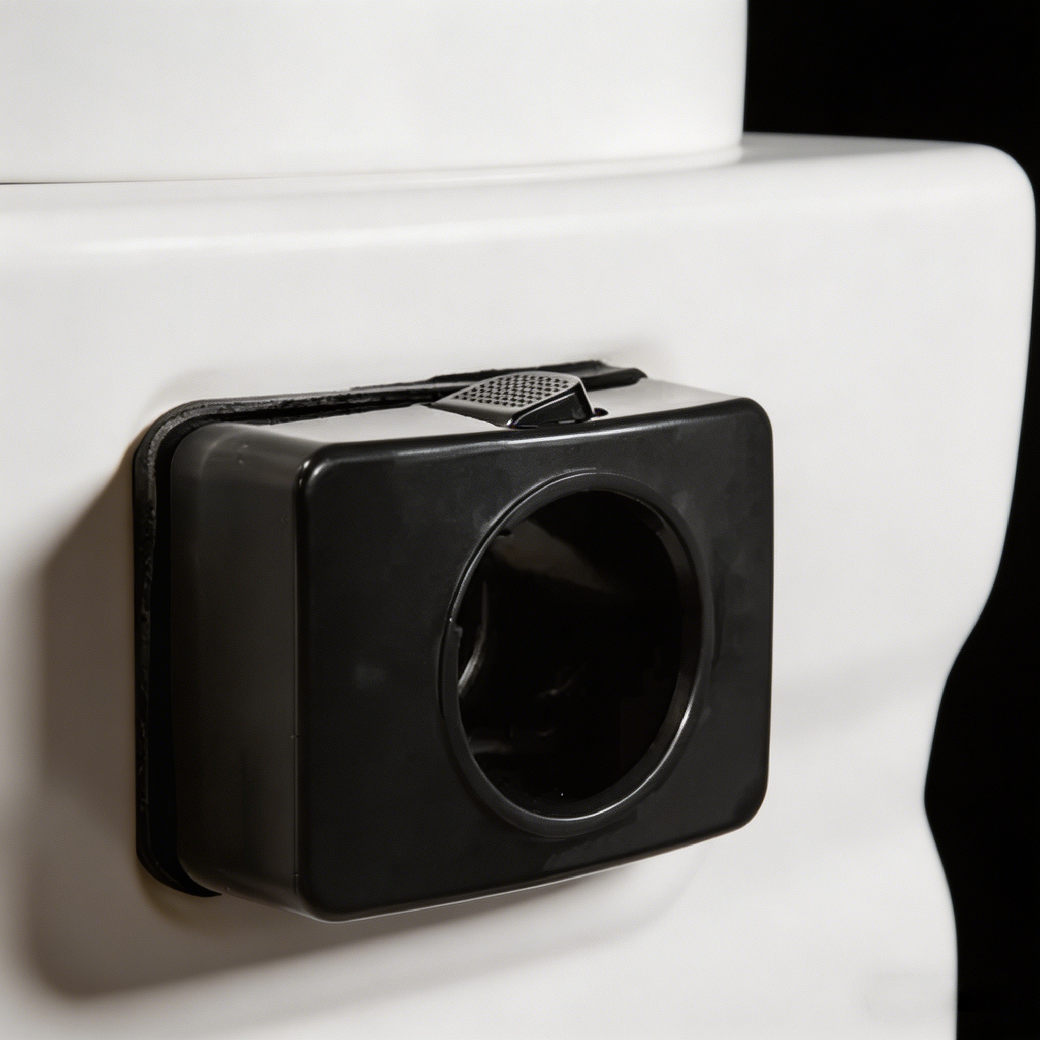 Close-up detail of the hose inlet port on the Orbit 90 plastic wet dry vacuum tank