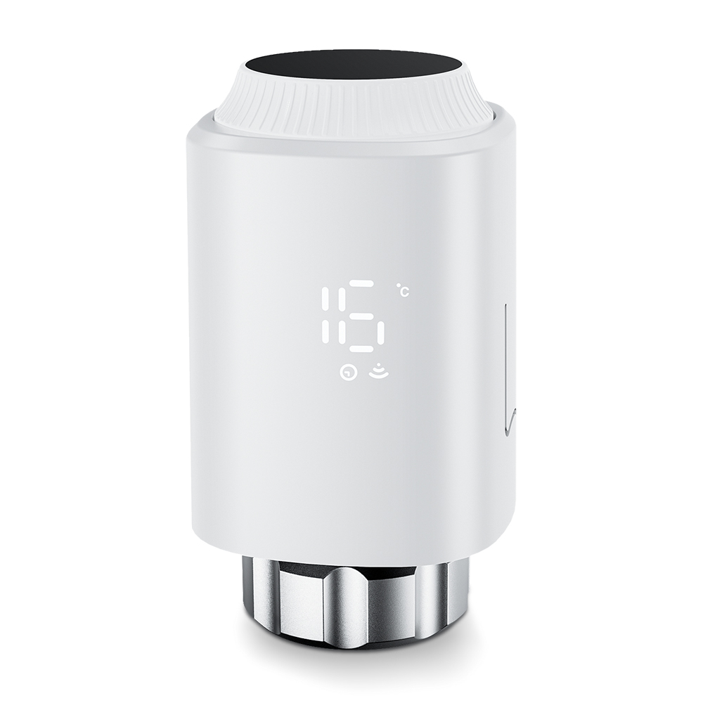 Front view of TRV-01 smart Zigbee thermostatic radiator valve with LED display