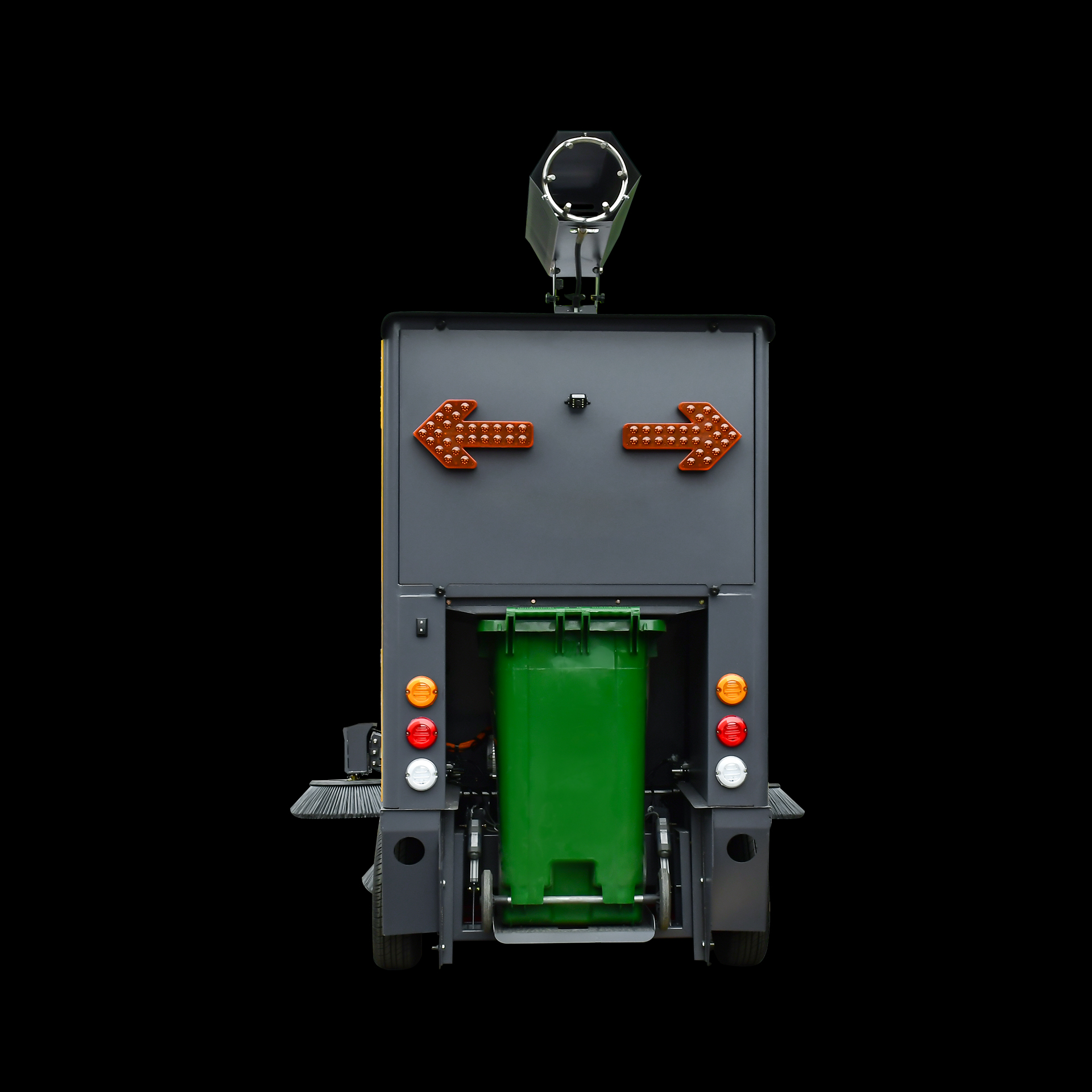 Rear view of Vortex Air 2500 heavy duty sweeper showing fog cannon and waste container
