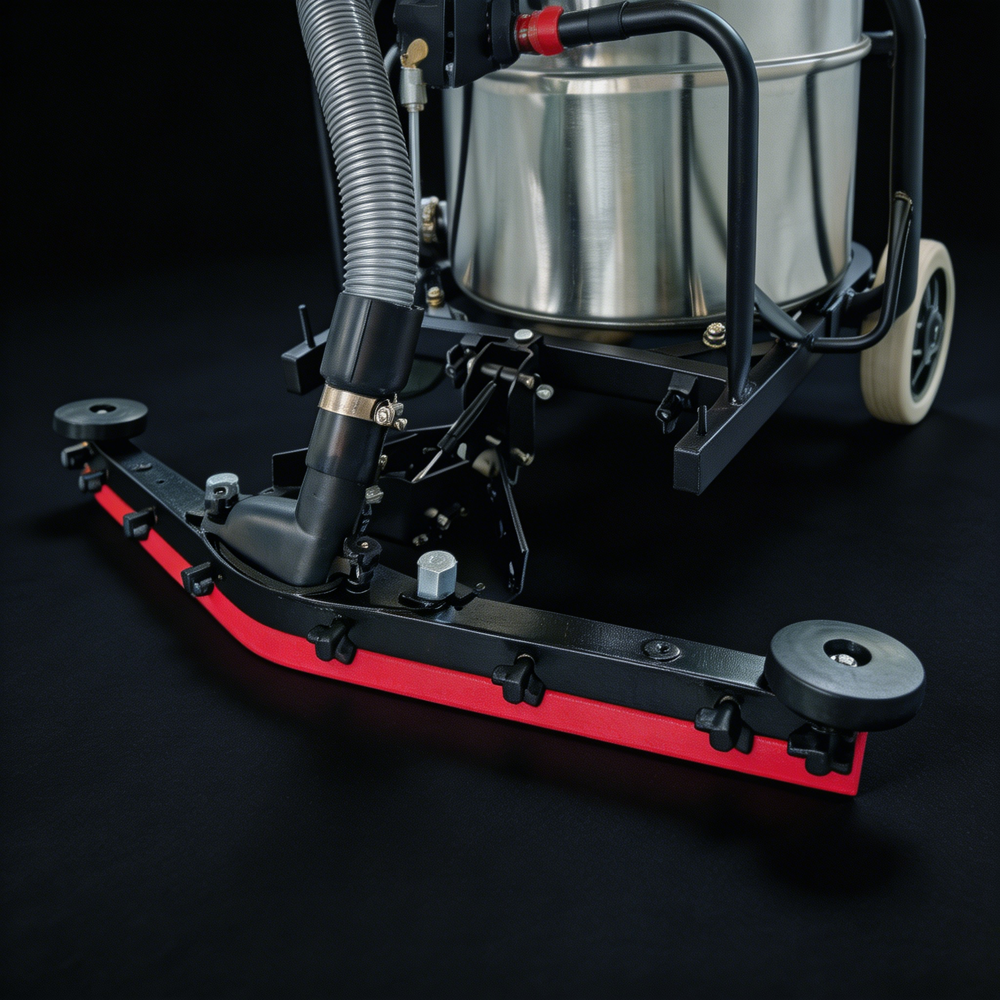 Close-up detail of the rear-mounted floor squeegee and red rubber blade on the heavy-duty vacuum