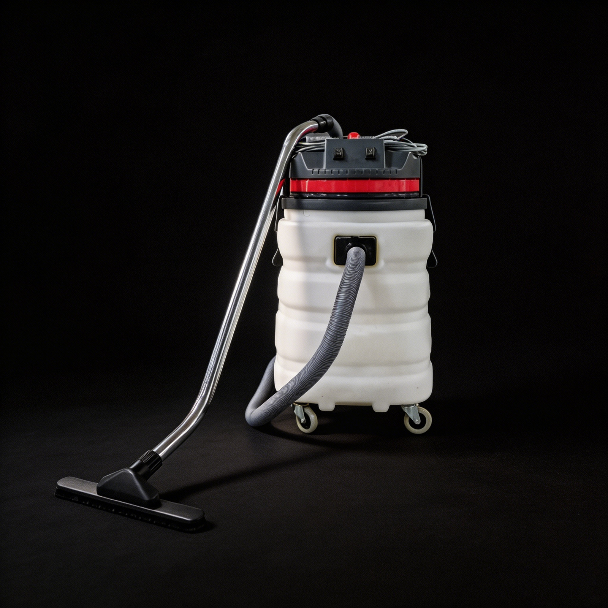 Front overview of the 2000W plastic tank vacuum cleaner with hose and floor tool