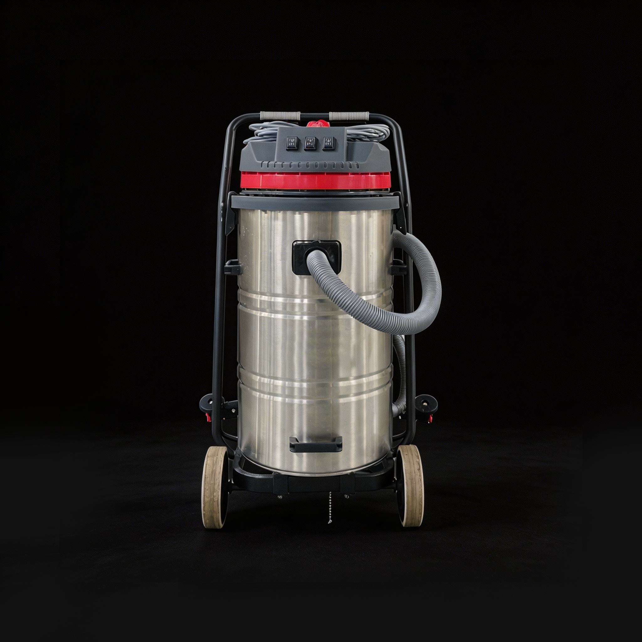 80L Large Capacity Vacuum stainless steel tank front close-up with heavy-duty wheeled chassis