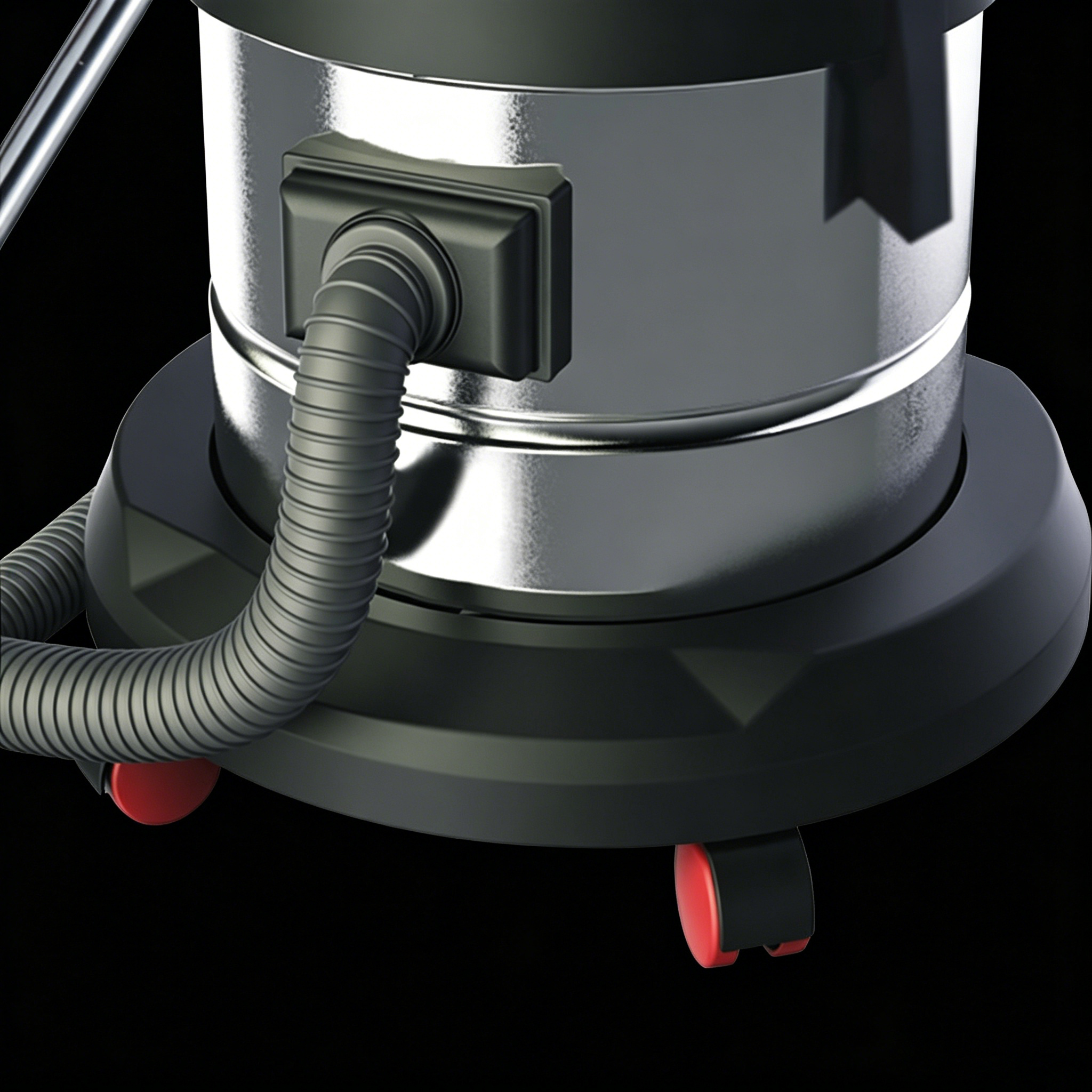 Hose connection port and portable caster wheels of Orbit 15 vacuum cleaner